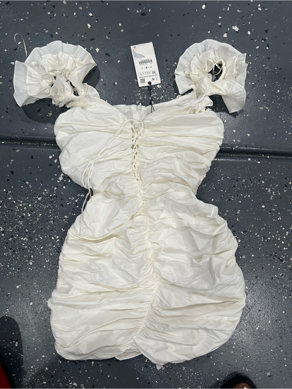 Zara White Ruched Puff-Sleeve Mini Dress